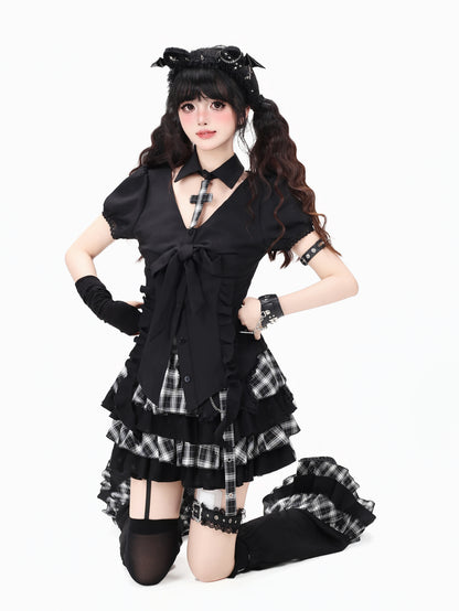 CRAZYGIRL_Black_White_Plaid_Puff_Sleeve_Slim_Fit_Lapel_Women&