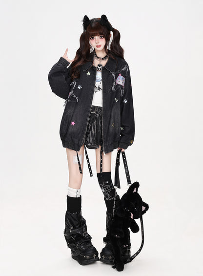 CRAZYGIRL_Cartoon_Cat_Patch_Sweet_Cool_Y2k_Collared_Loose_Fit_Women&