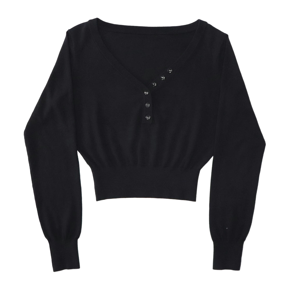 ONNASENSHI_Black_Button_Front_Cropped_V-neck_Knit_Women&