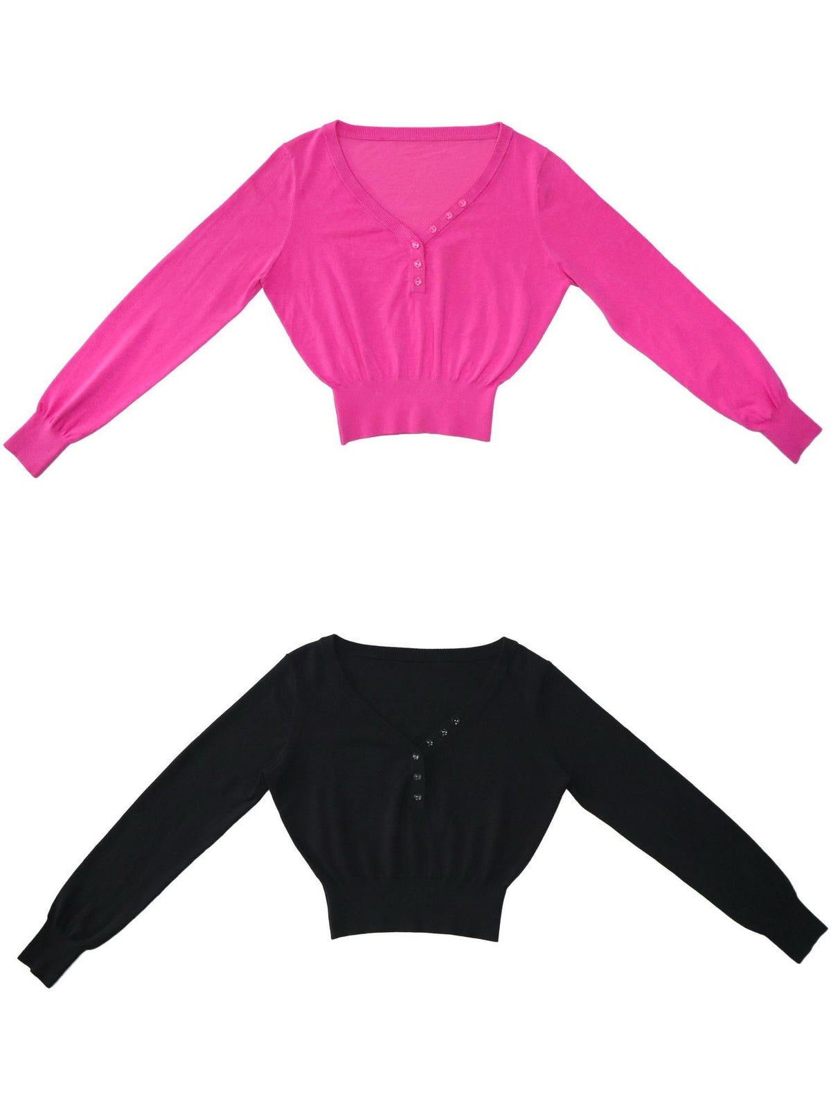 ONNASENSHI Black Button Front Cropped V-neck Knit Women&