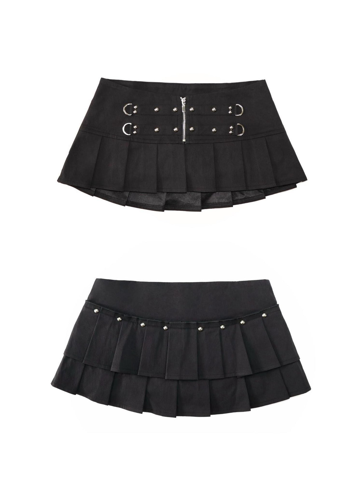 ONNASENSHI Black Studded Pleated Low Waist Front Zipper Women&