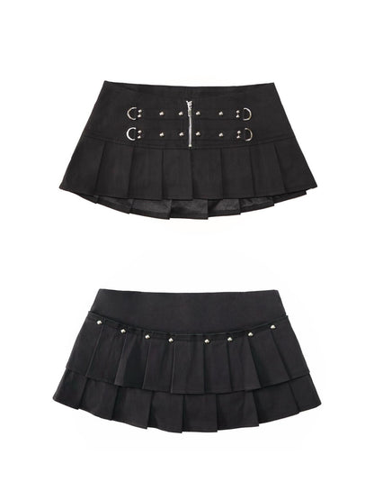 ONNASENSHI Black Studded Pleated Low Waist Front Zipper Women&