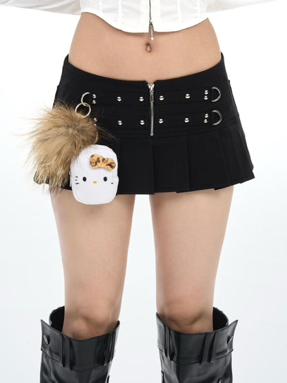 ONNASENSHI Black Studded Pleated Low Waist Front Zipper Women&