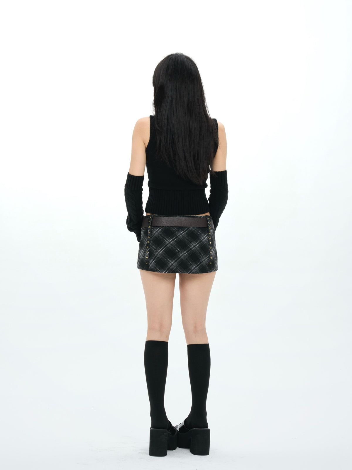 ONNASENSHI Black White Check Studded Low Waist Women&