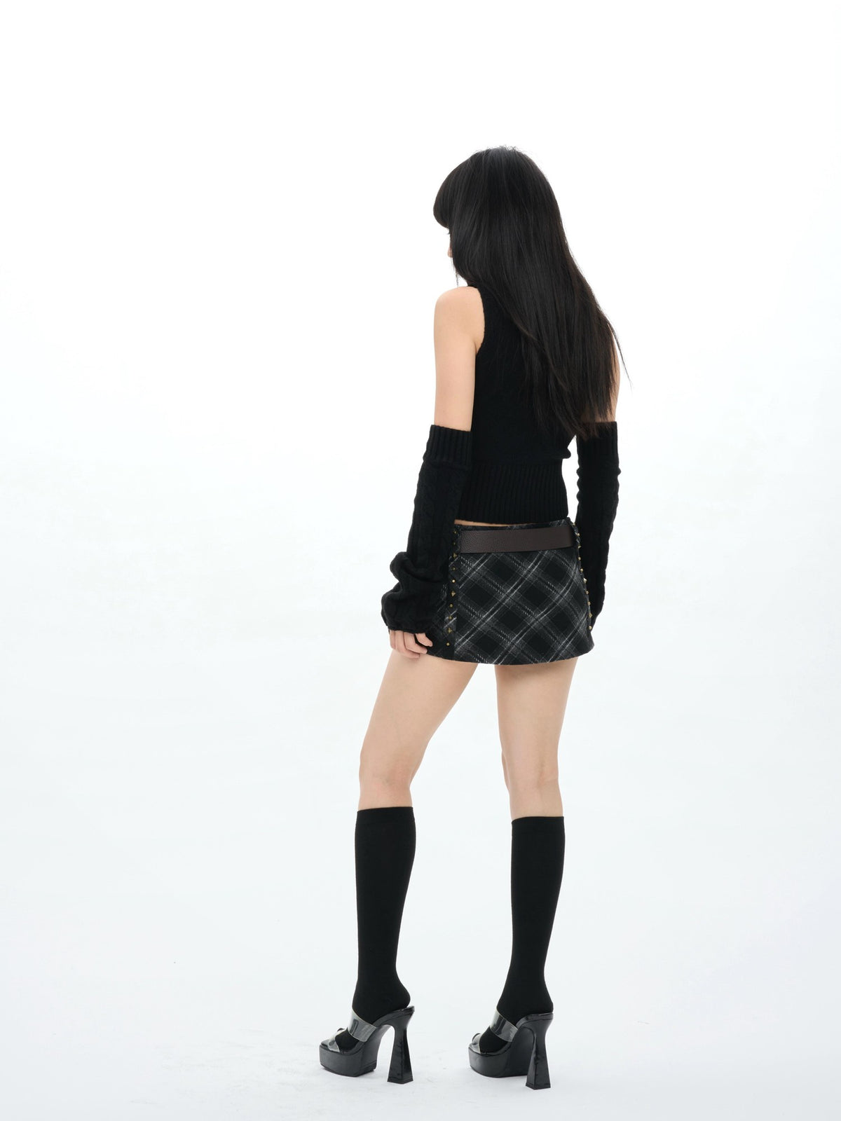 ONNASENSHI Black White Check Studded Low Waist Women&