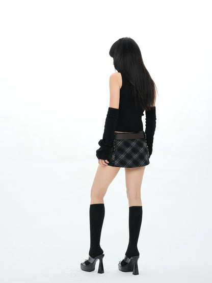 ONNASENSHI Black White Check Studded Low Waist Women&