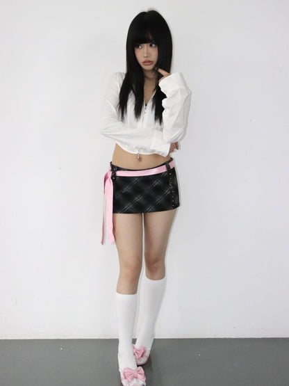 ONNASENSHI Black White Check Studded Low Waist Women&