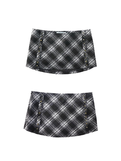 ONNASENSHI Black White Check Studded Low Waist Women&