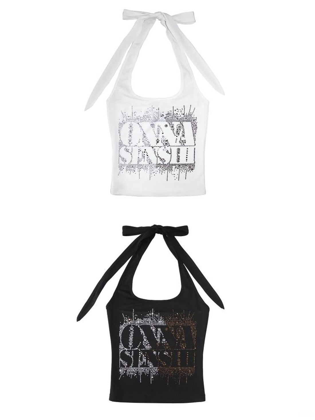 ONNASENSHI Black White Rhinestone Letter Strappy Backless Women&