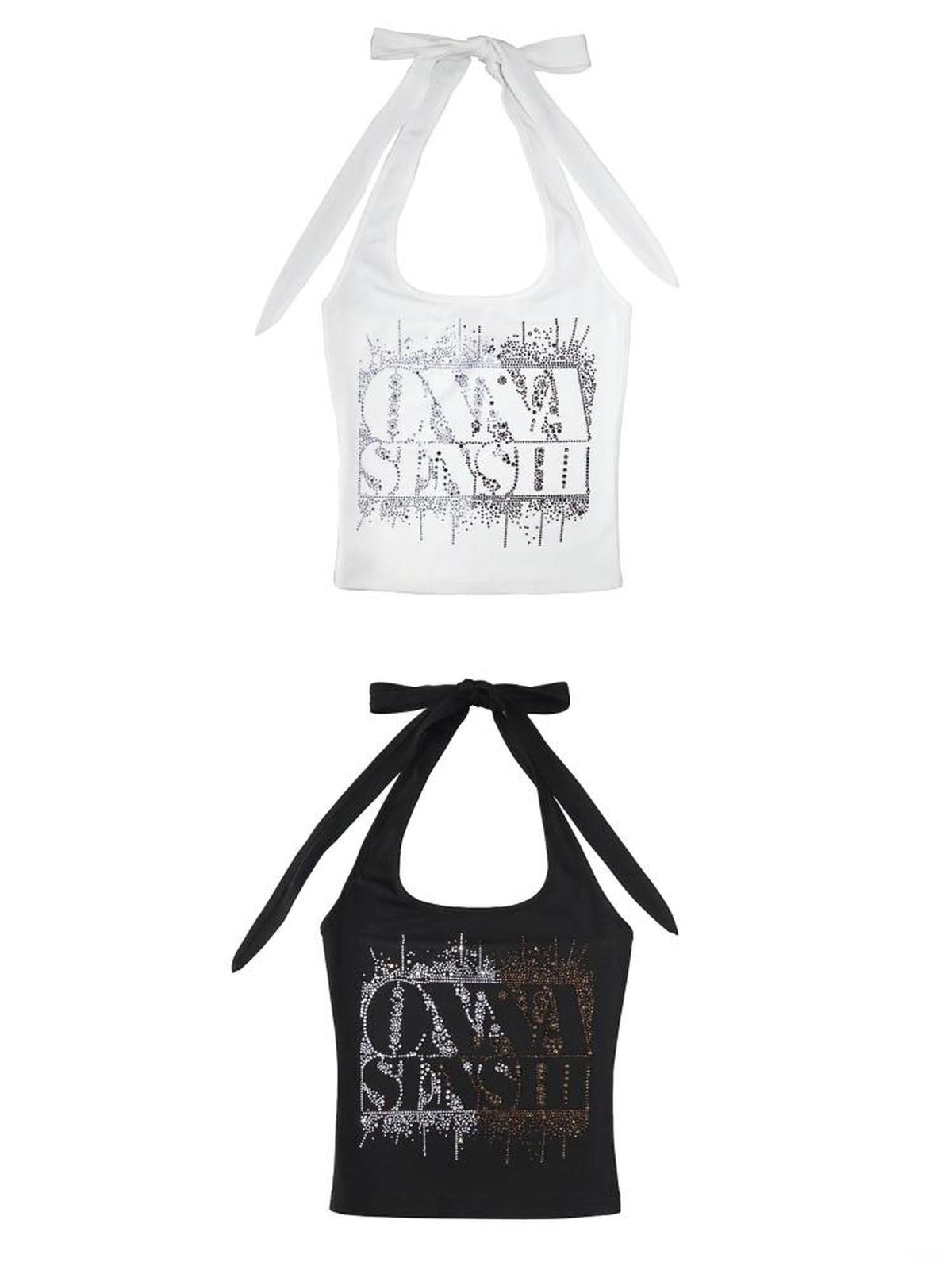 ONNASENSHI Black White Rhinestone Letter Strappy Backless Women&