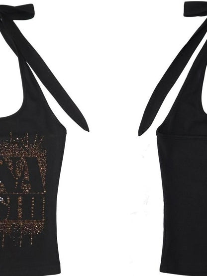 ONNASENSHI Black White Rhinestone Letter Strappy Backless Women&