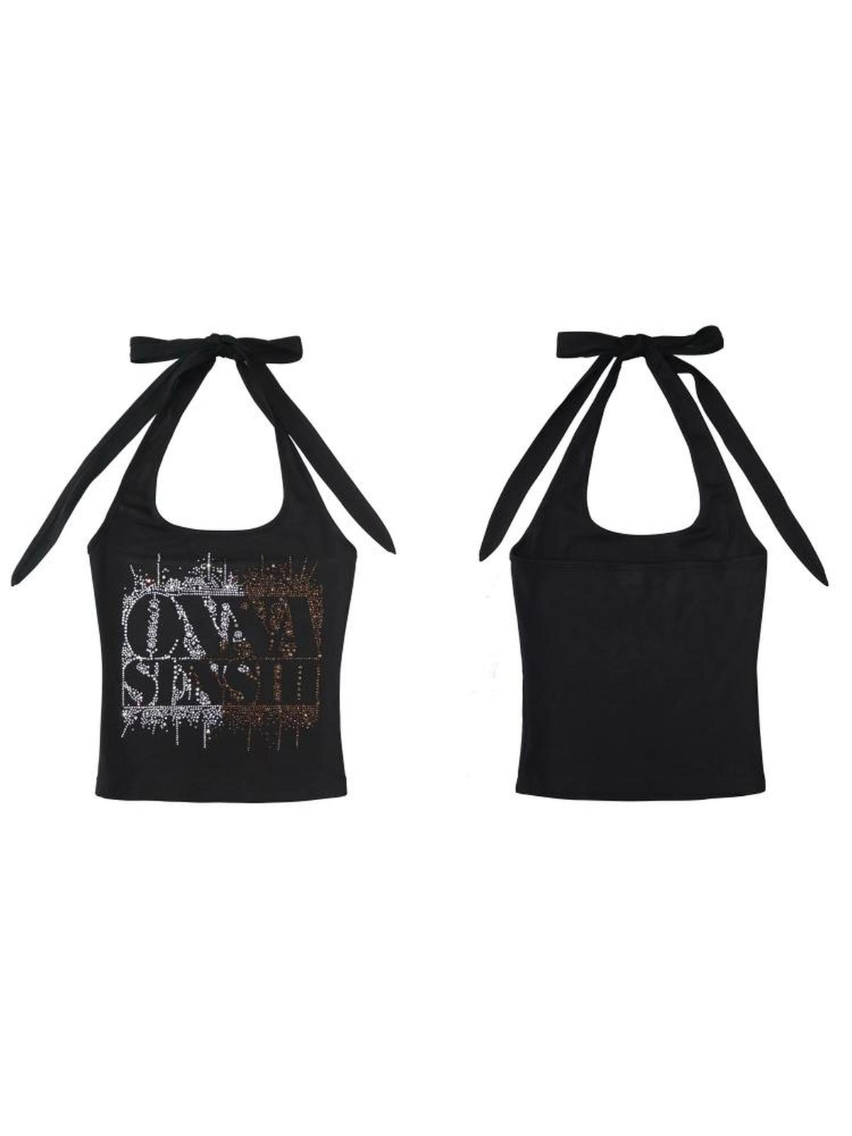 ONNASENSHI Black White Rhinestone Letter Strappy Backless Women&