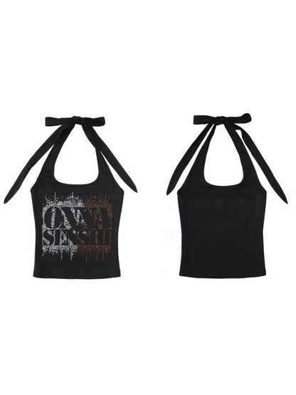ONNASENSHI Black White Rhinestone Letter Strappy Backless Women&