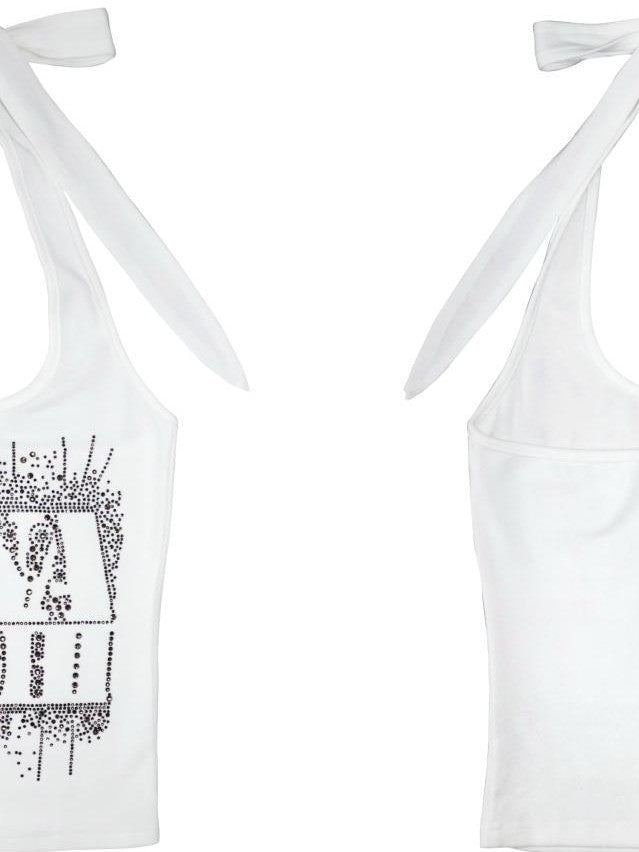 ONNASENSHI Black White Rhinestone Letter Strappy Backless Women&