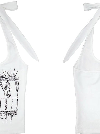 ONNASENSHI Black White Rhinestone Letter Strappy Backless Women&
