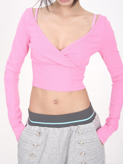 ONNASENSHI Cropped Solid V-neck Slim Fit Cotton Women&
