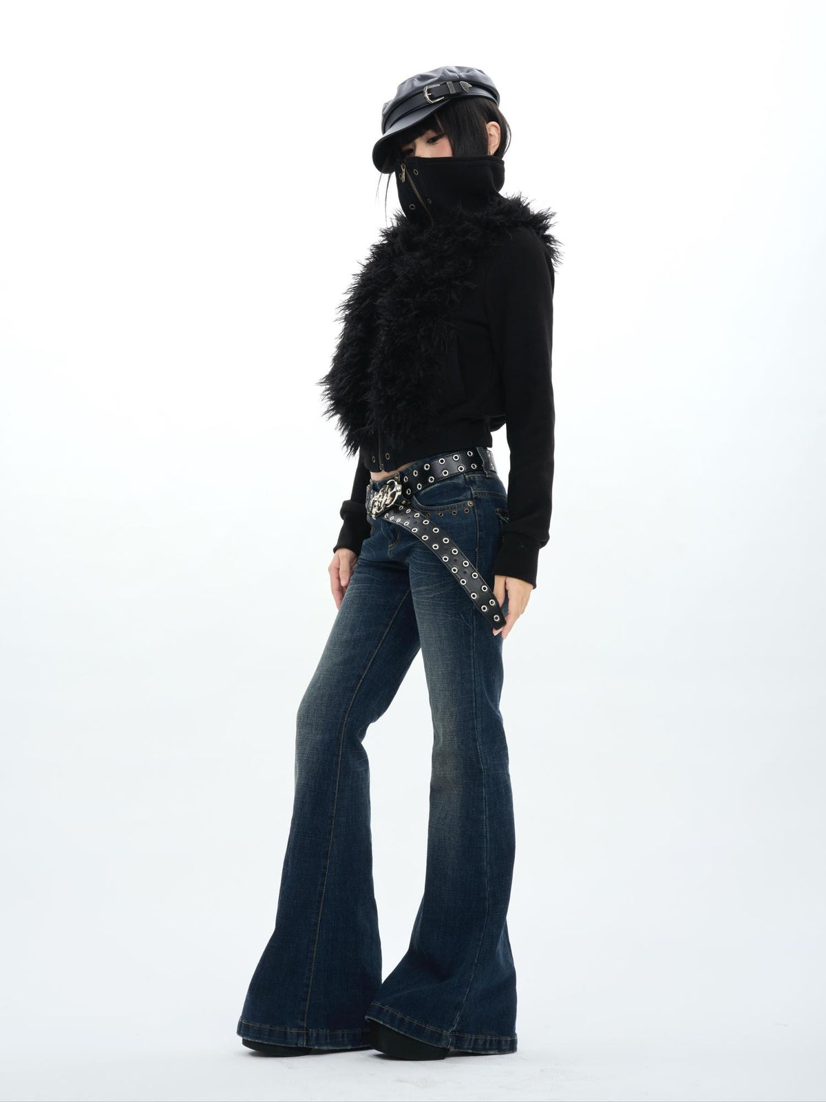 ONNASENSHI Dark Fleece Trim High Neck Zip Up Women&