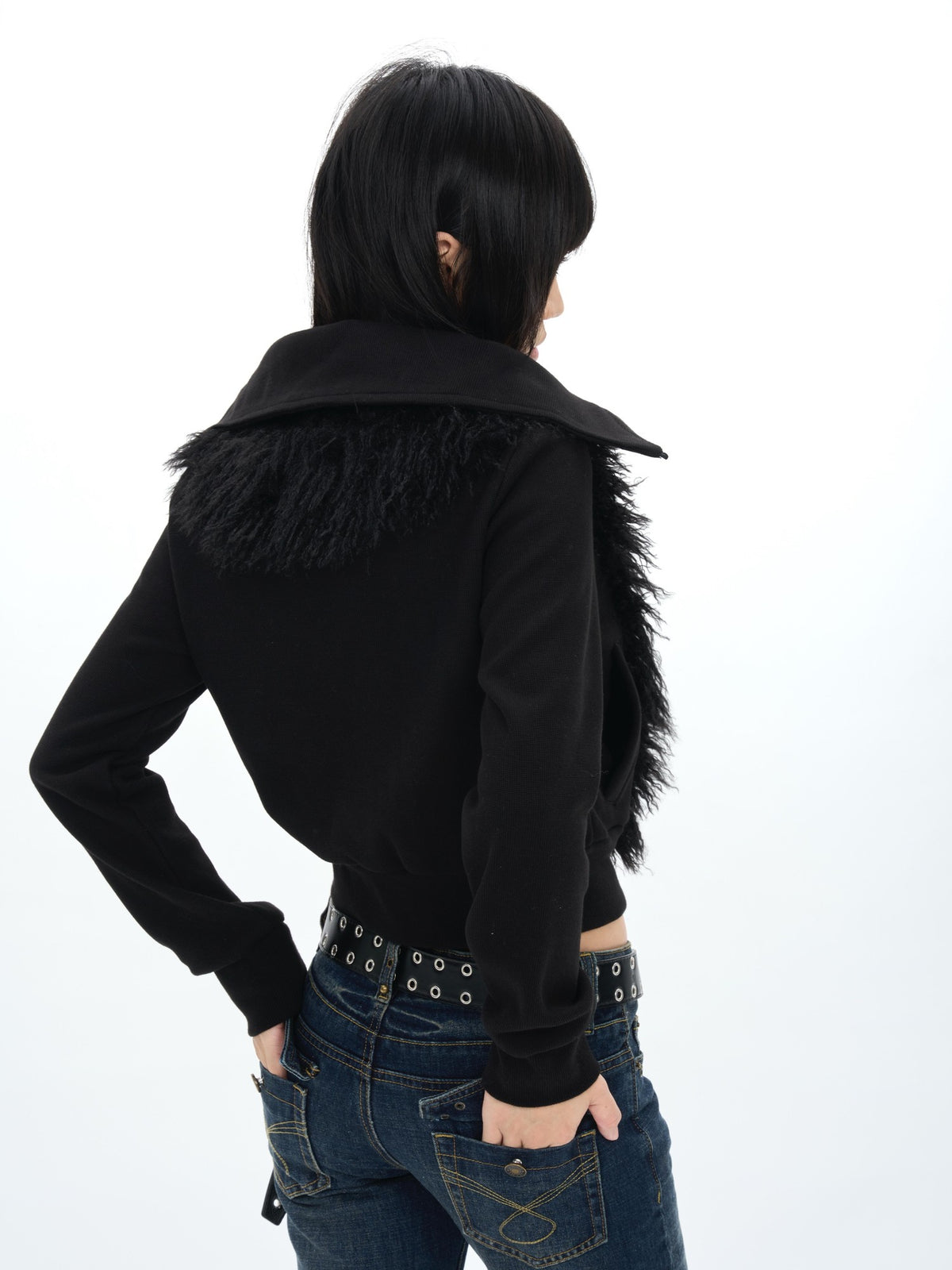 ONNASENSHI Dark Fleece Trim High Neck Zip Up Women&