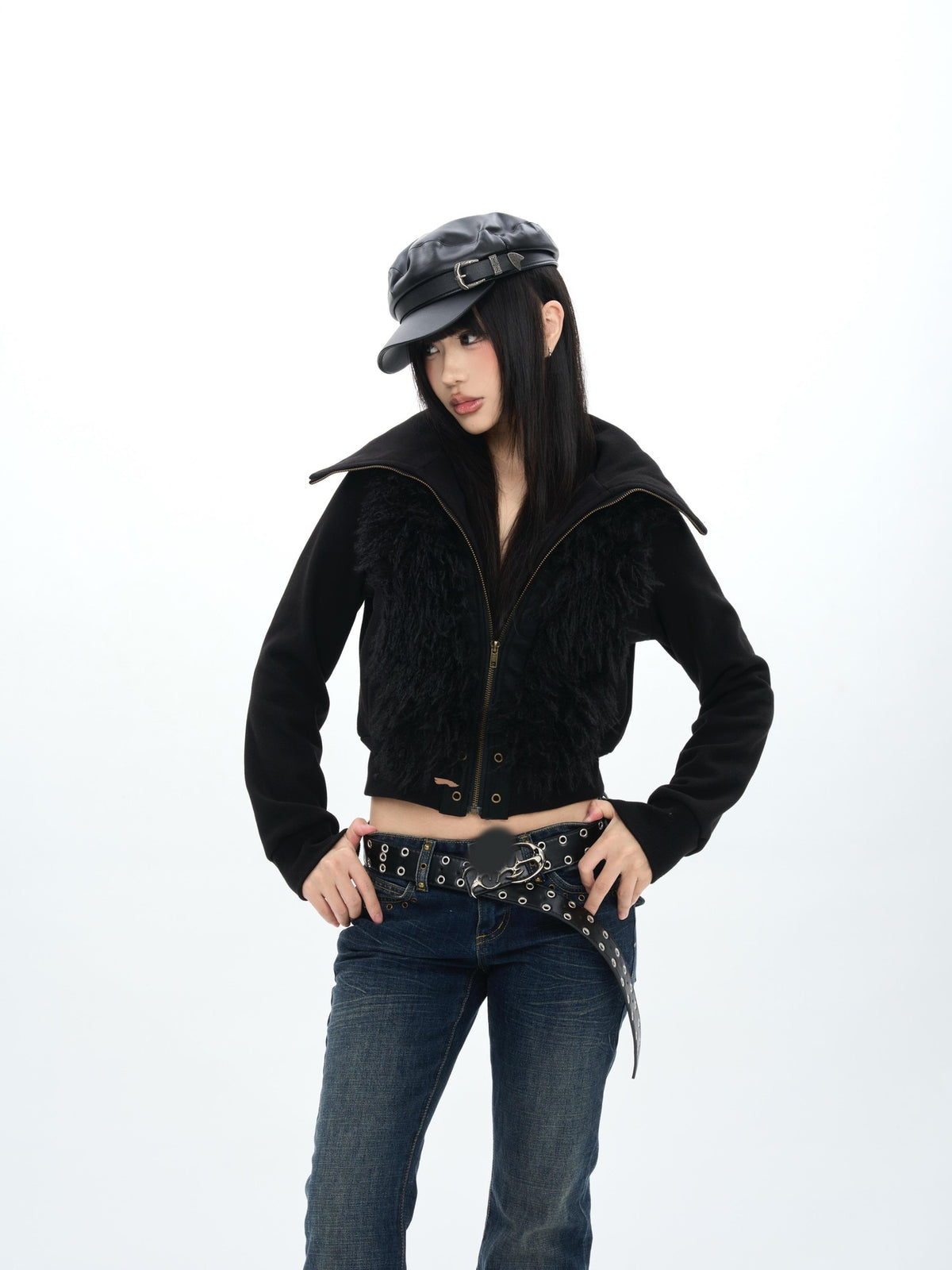 ONNASENSHI Dark Fleece Trim High Neck Zip Up Women&