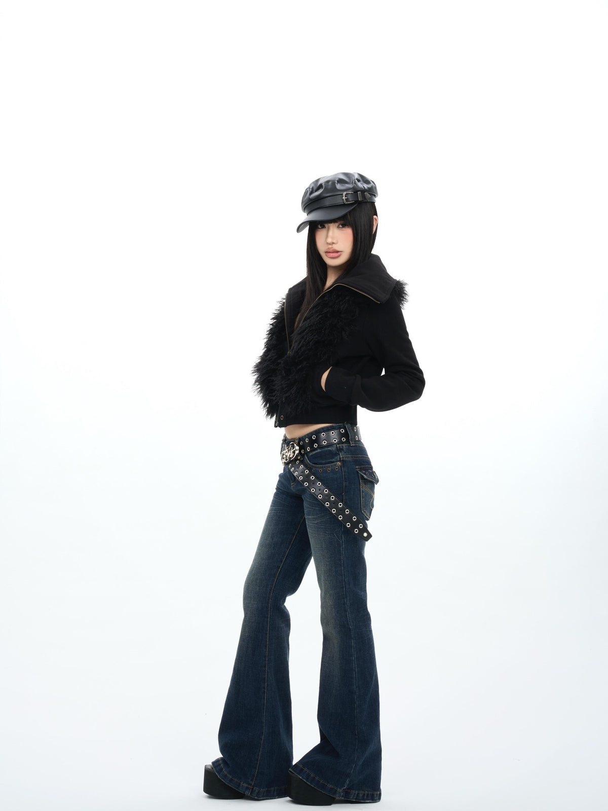 ONNASENSHI Dark Fleece Trim High Neck Zip Up Women&
