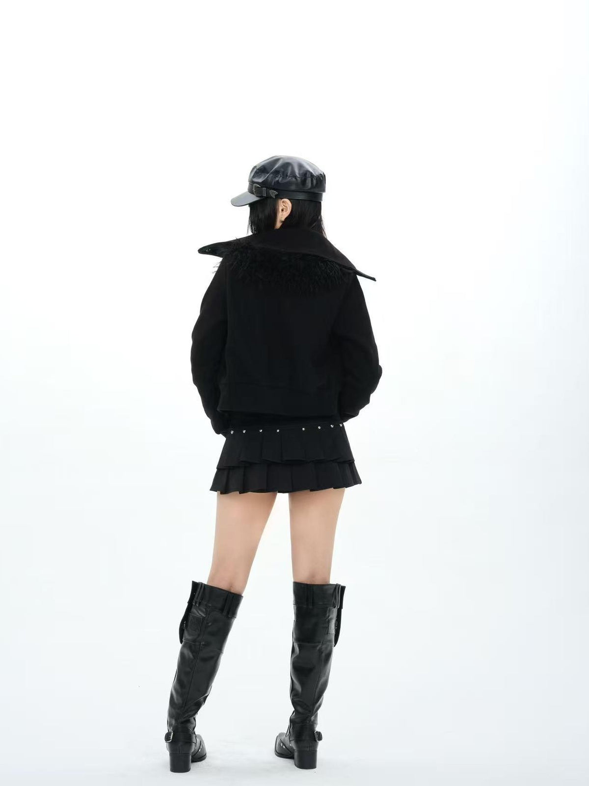 ONNASENSHI Dark Fleece Trim High Neck Zip Up Women&