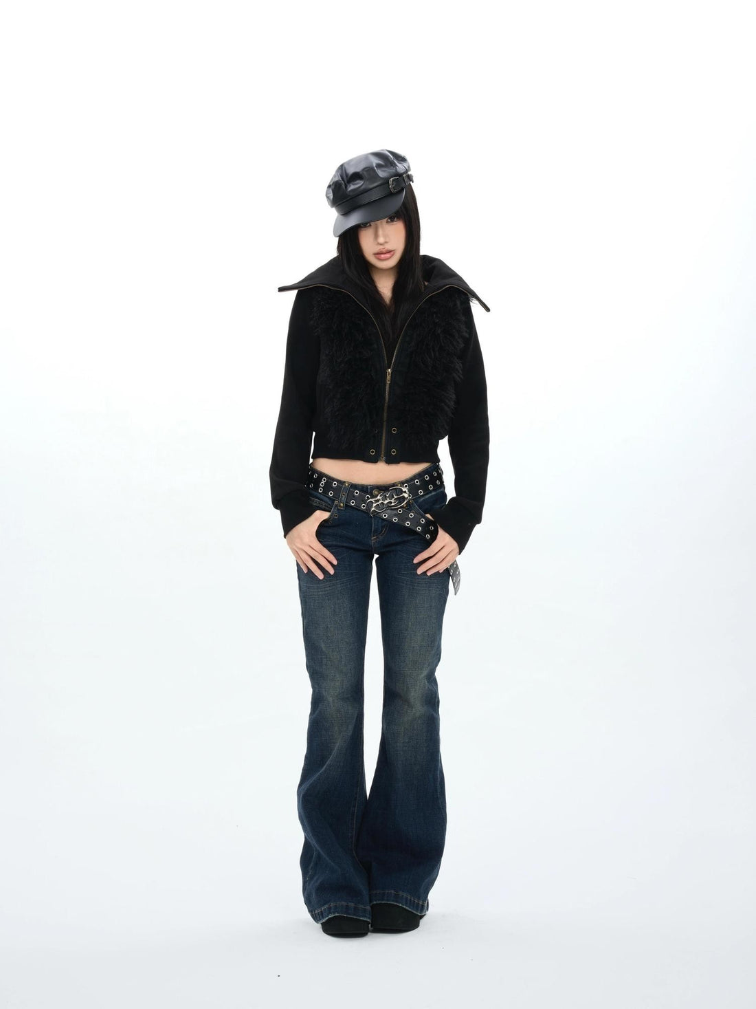 ONNASENSHI Dark Fleece Trim High Neck Zip Up Women&