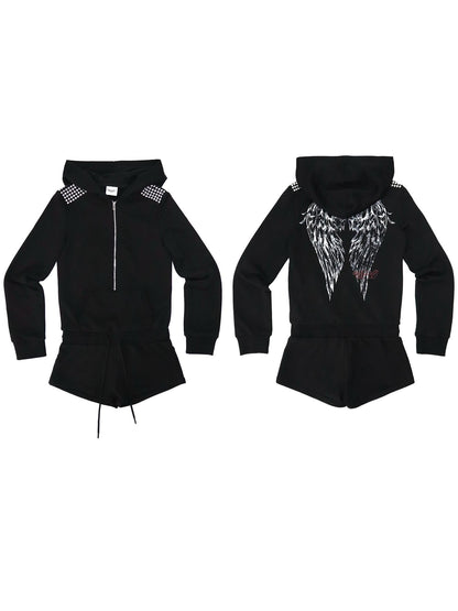 ONNASENSHI Hooded Studded Distressed Print Women&