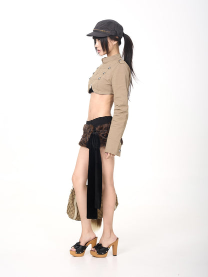 ONNASENSHI Leopard Print Faux Fur Spliced Velvet Adjustable Lace Up Women&