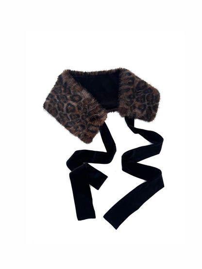 ONNASENSHI Leopard Print Faux Fur Spliced Velvet Adjustable Lace Up Women&
