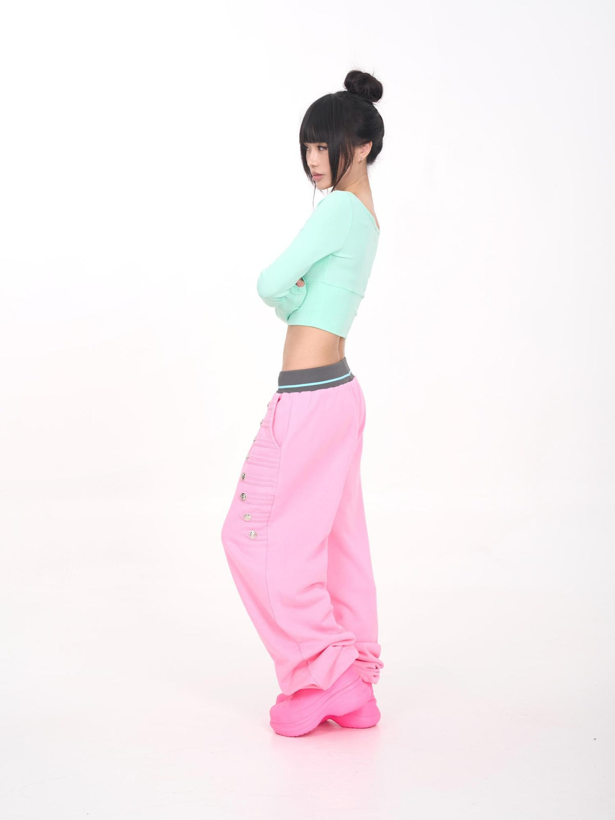 ONNASENSHI Loose Wide Leg Button Trim Ribbed Panel Cotton Blend Women&