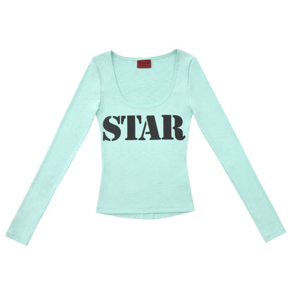 ONNASENSHI_Mint_Green_Star_Print_Slim_U_Neck_Women&