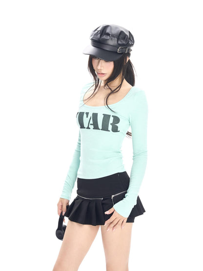 ONNASENSHI Mint Green Star Print Slim U Neck Women&