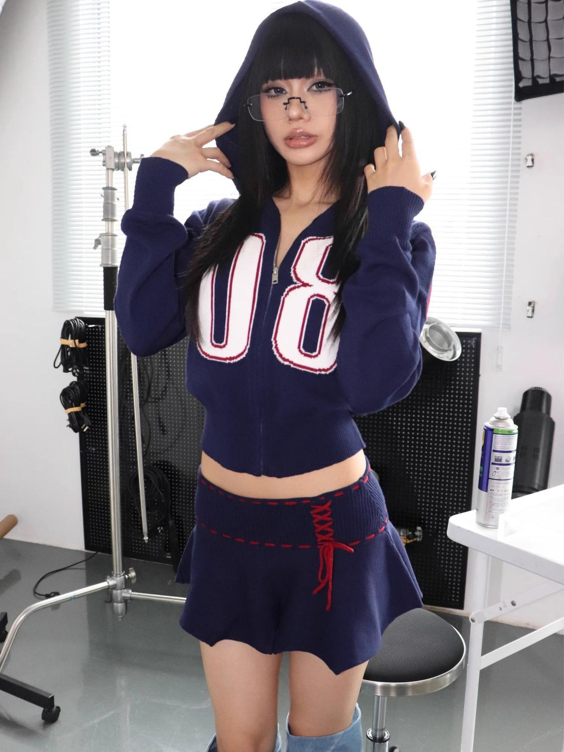 ONNASENSHI Navy Retro Knit Hooded Zip Mini Skirt Women&