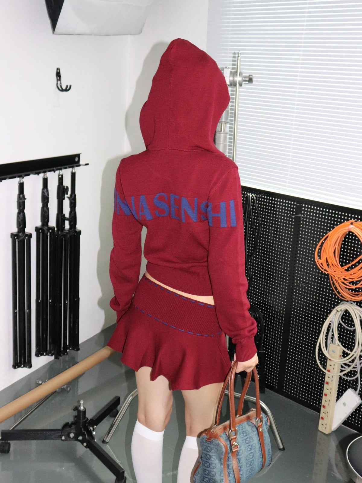 ONNASENSHI Navy Retro Knit Hooded Zip Mini Skirt Women&