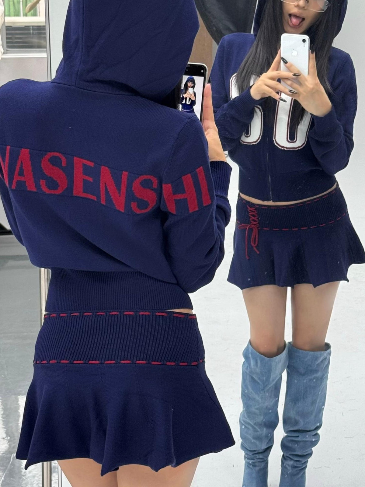 ONNASENSHI Navy Retro Knit Hooded Zip Mini Skirt Women&