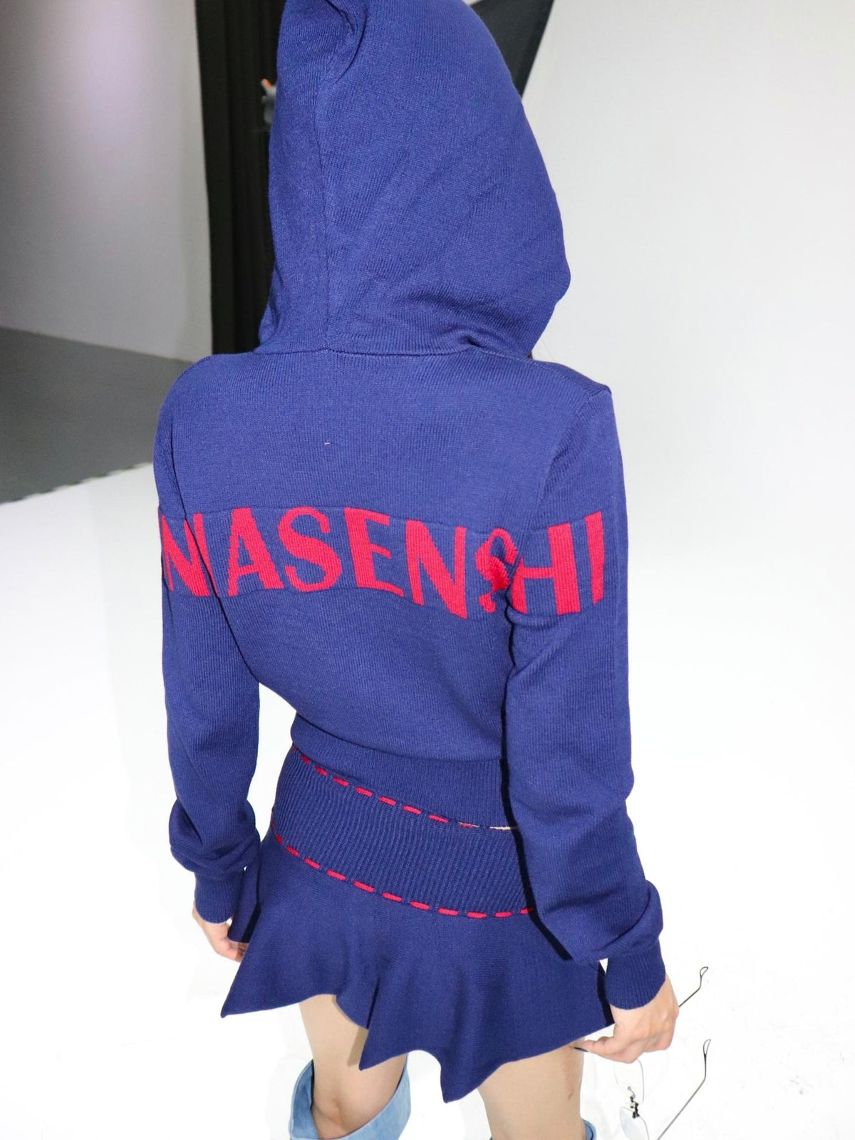 ONNASENSHI Navy Retro Knit Hooded Zip Mini Skirt Women&