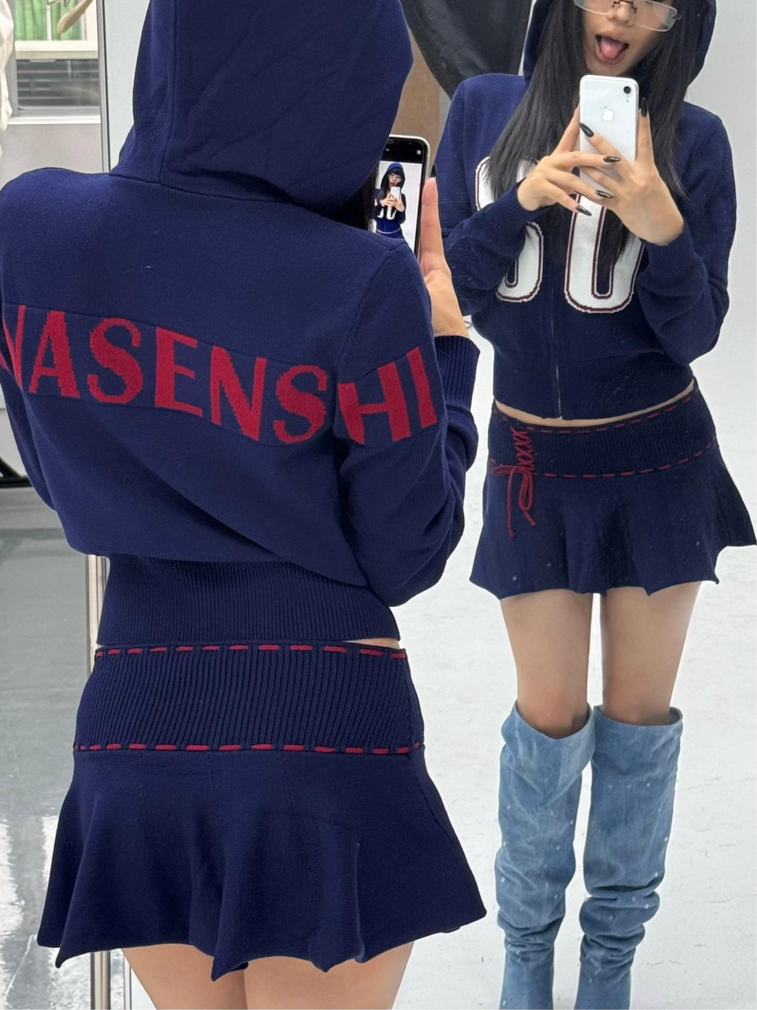 ONNASENSHI Navy Retro Knit Hooded Zip Mini Skirt Women&