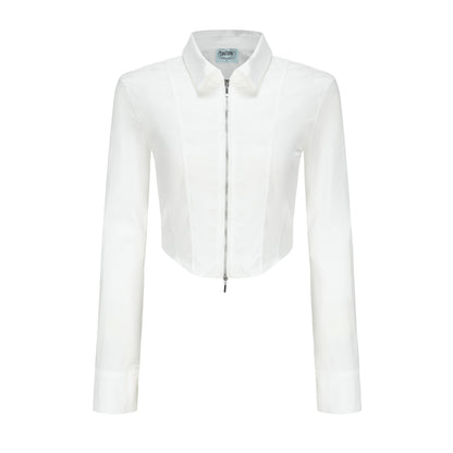 ONNASENSHI_Patchwork_Slim_Fit_Polo_Collar_Zip_Long_Sleeve_Women&