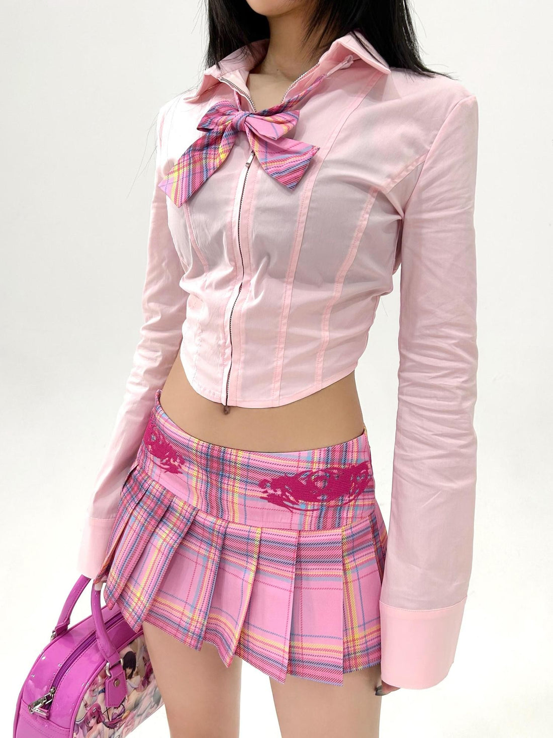 ONNASENSHI Patchwork Slim Fit Polo Collar Zip Long Sleeve Women&