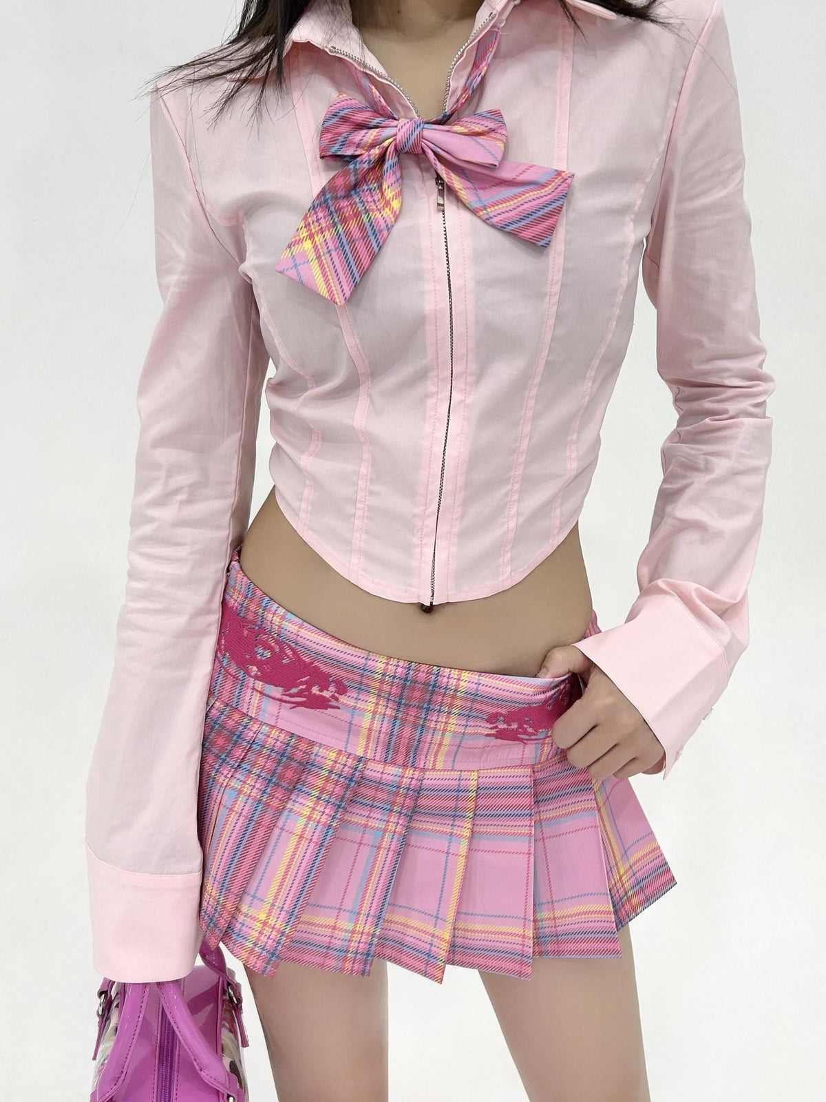 ONNASENSHI Patchwork Slim Fit Polo Collar Zip Long Sleeve Women&