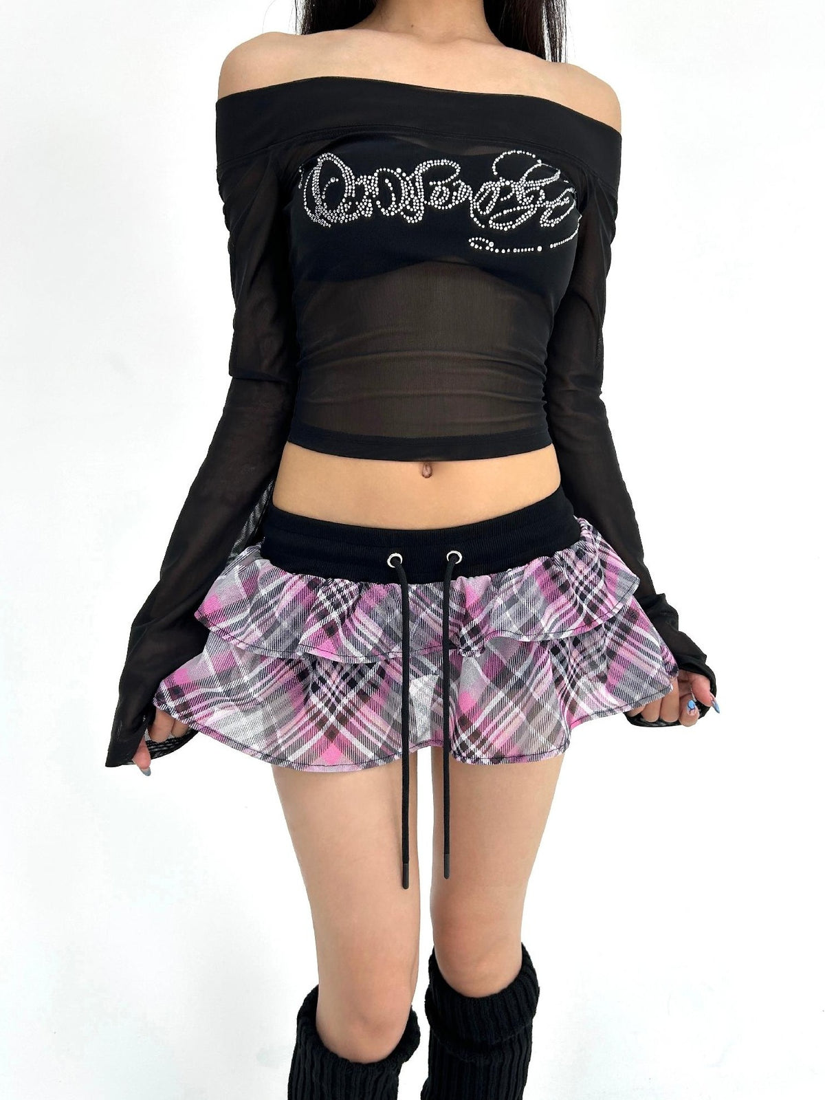 ONNASENSHI Pink Plaid Sheer Mesh Low Waist Women&