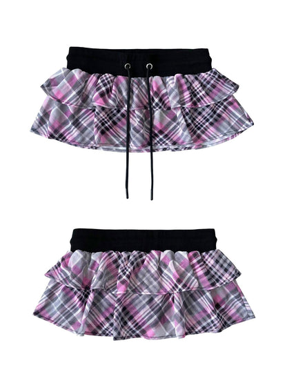ONNASENSHI Pink Plaid Sheer Mesh Low Waist Women&