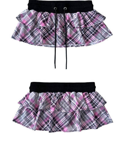 ONNASENSHI Pink Plaid Sheer Mesh Low Waist Women&