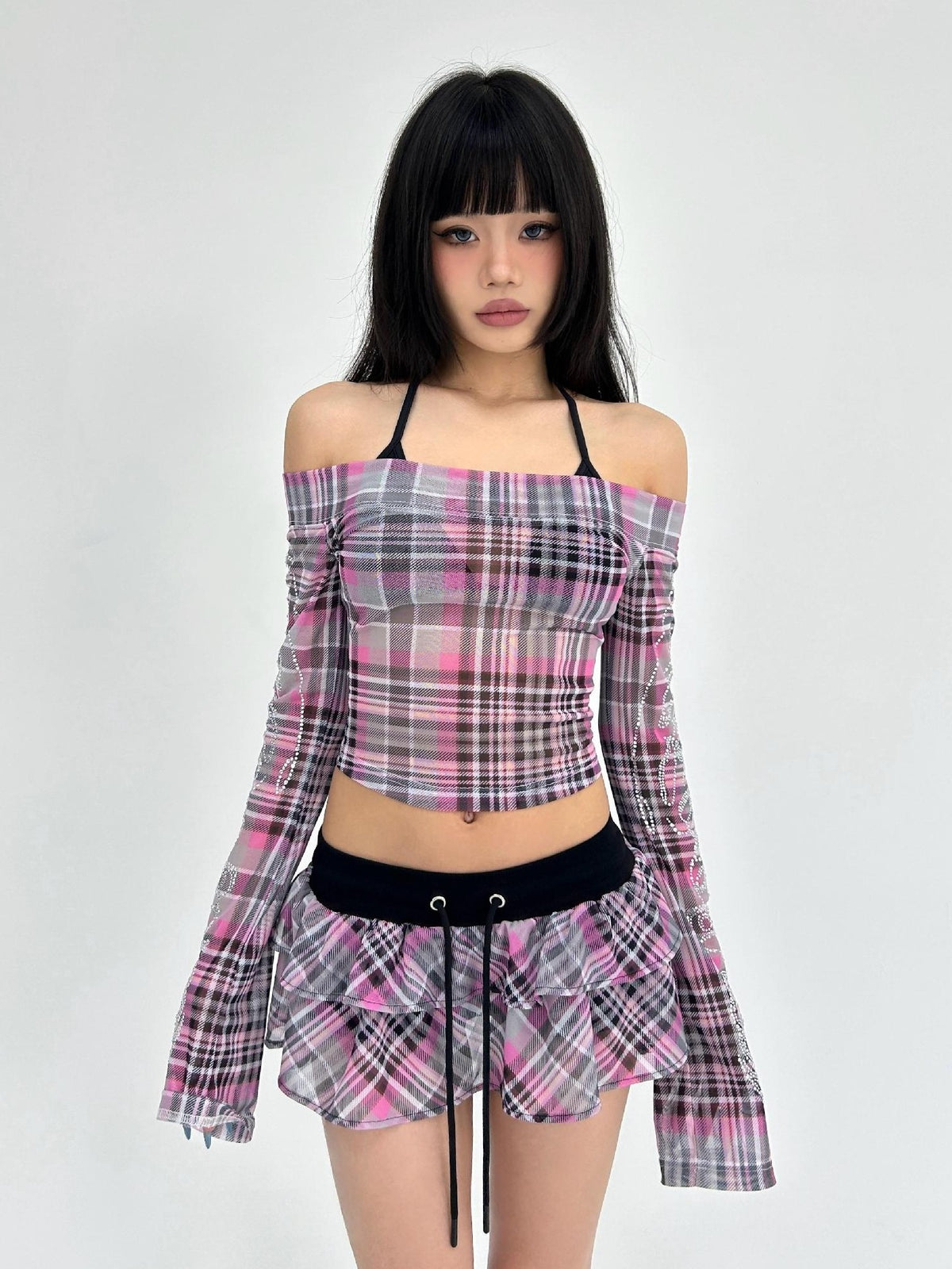 ONNASENSHI Pink Plaid Sheer Mesh Low Waist Women&