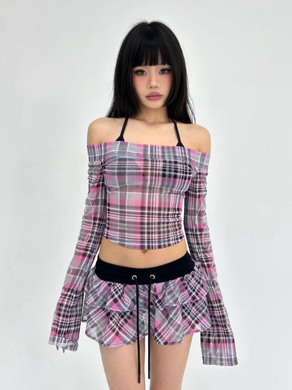 ONNASENSHI Pink Plaid Sheer Mesh Low Waist Women&