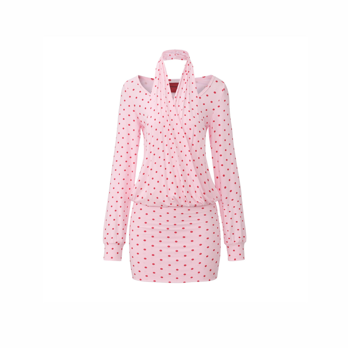 ONNASENSHI_Pink_Polka_Dot_Faux_Two_Piece_Bodycon_Women&