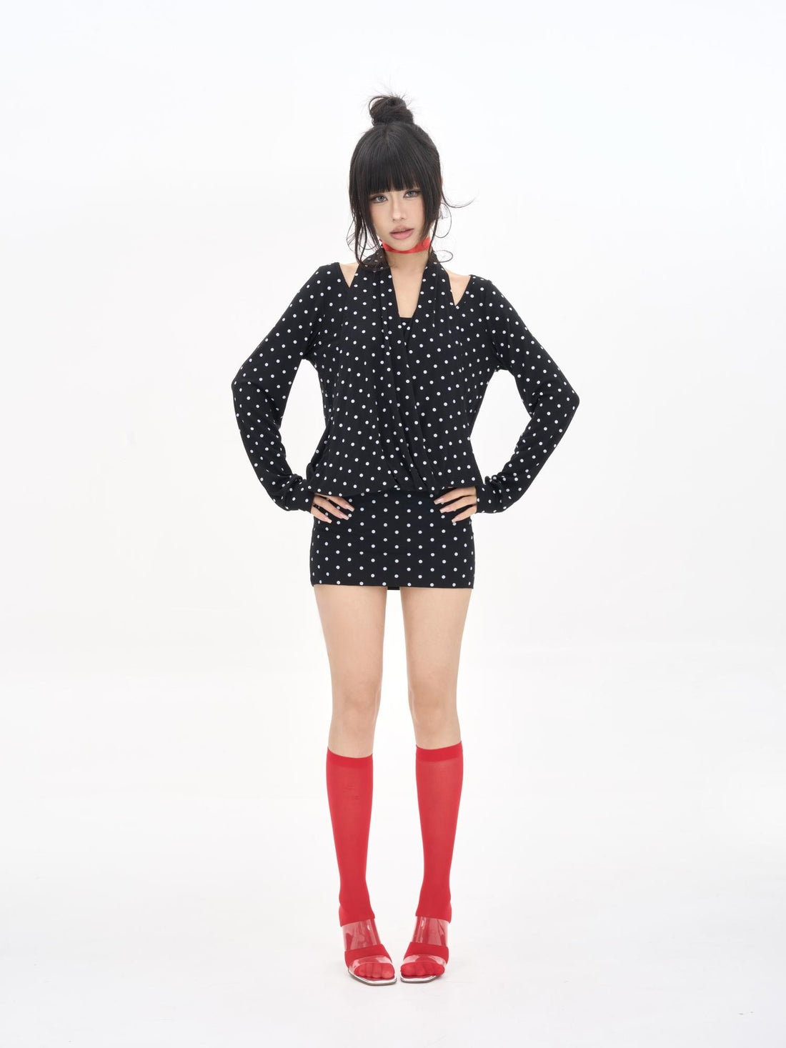ONNASENSHI Pink Polka Dot Faux Two Piece Bodycon Women&