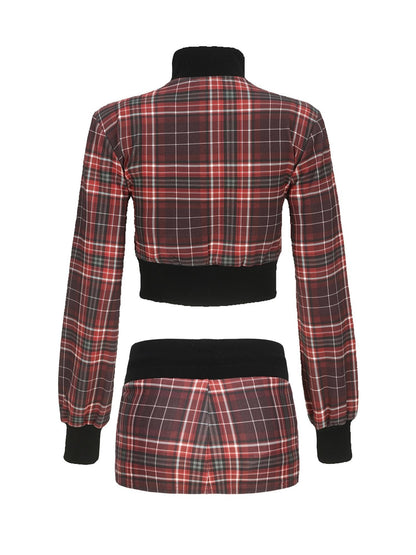 ONNASENSHI Plaid Studded Jacket Low Waist Mini Skirt Women&