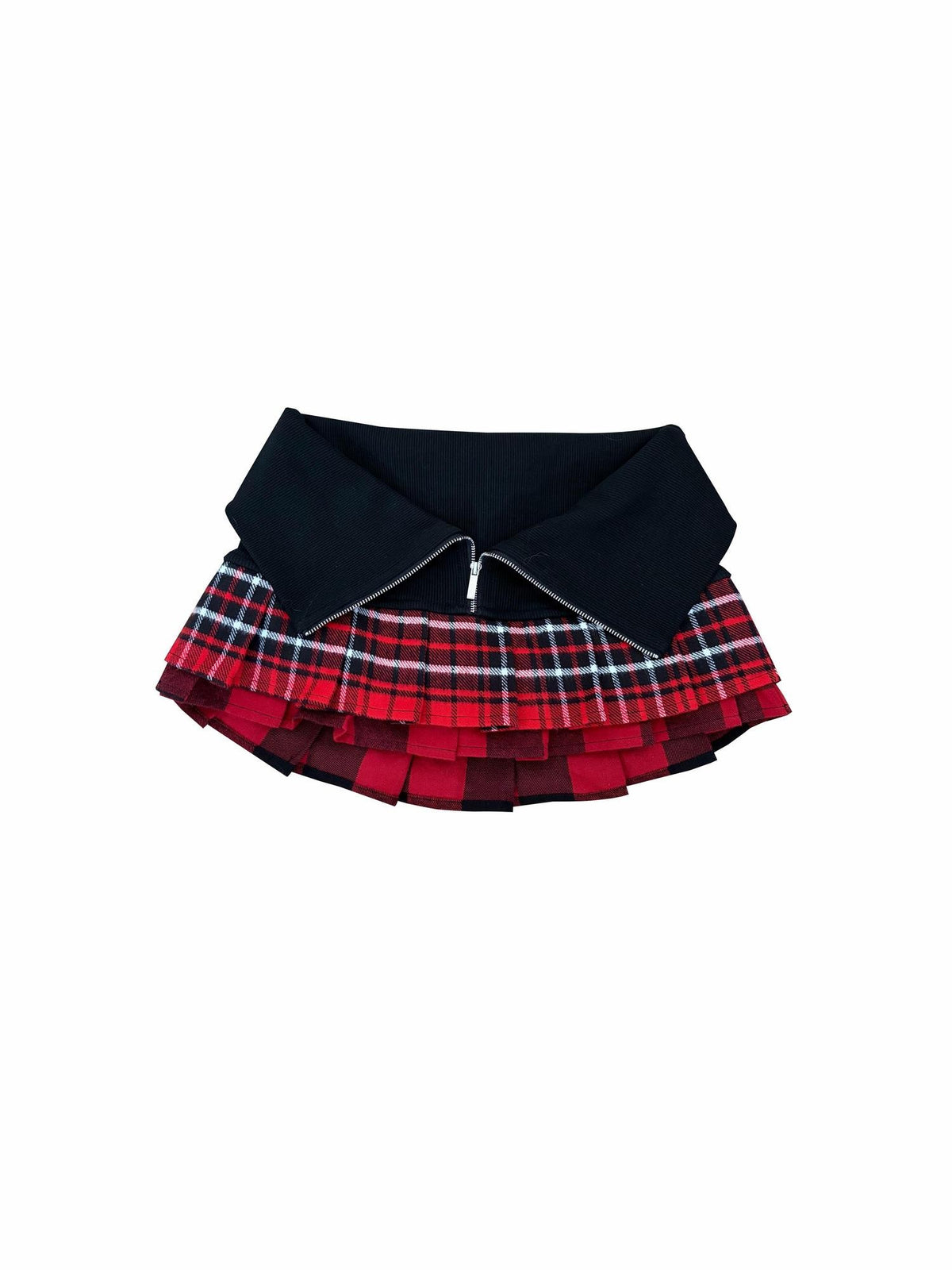 ONNASENSHI Red Plaid Foldover Waist Zipper Spliced Double Layer Women&