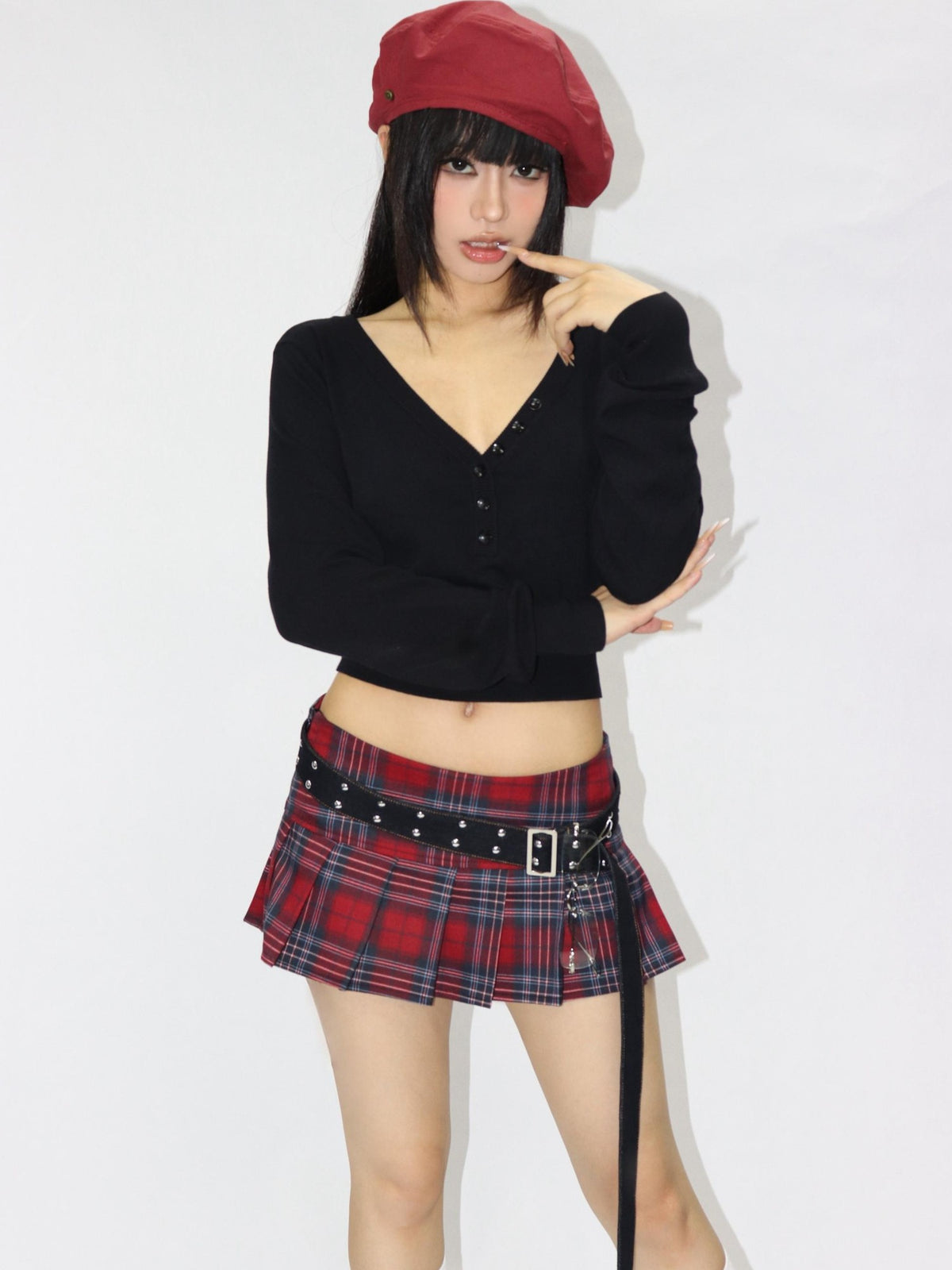 ONNASENSHI Red Plaid Handset Pleated Low Waist Pocket Women&